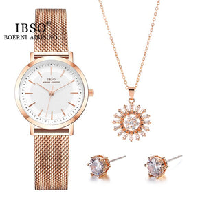 Kit Relógio Feminino Rose Gold IBSO + Colar e Brincos