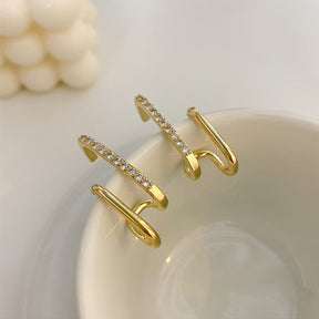 Brinco Ear Hook Dois Filetes Cravejado Banho Dourado e Prateado